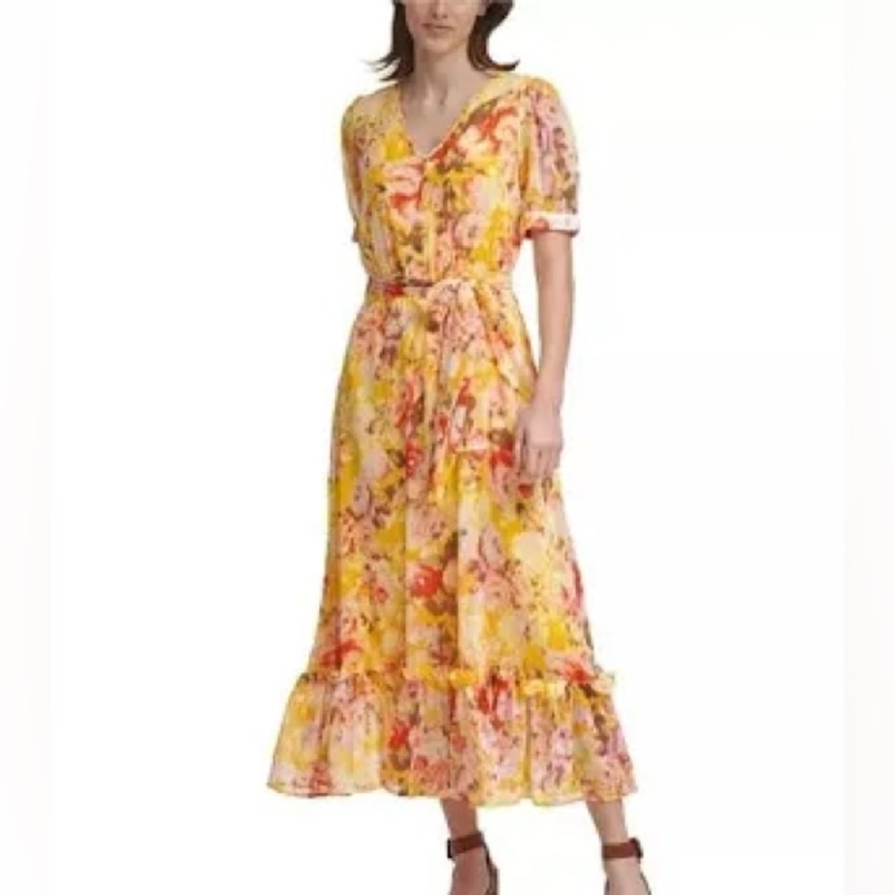 Calvin Klein Yellow Ruffled Tie Front Maxi Dress